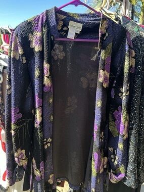 Coldwater Creek Navy Floral Open Cardigan with Purple and Olive Accents